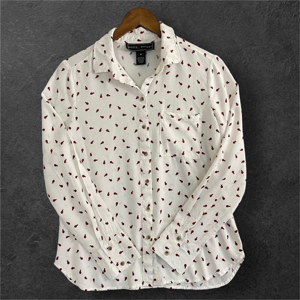 Polly & Esther Women's White Ladybug Long Sleeve Button Up Blouse Size /Medium
